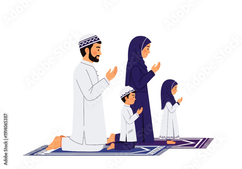 Flat design illustration of a Muslim family praying together on colorful mats in a Vector style with a simple white background.