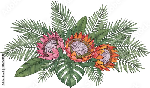 Watercolor protea flowers and lush green palm leaves arranged artistically