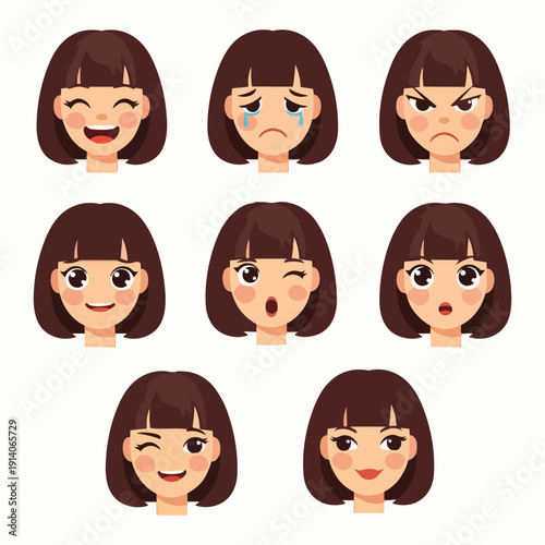 Collection of Cartoon Female Faces Showing Various Emotions and Expressions in Different States