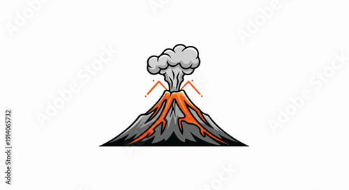Stylized erupting volcano with lava flows and smoke plume