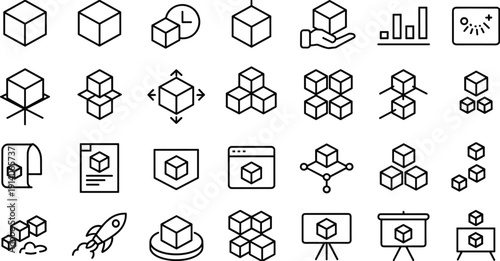 Collection of black line depicting cubes and related concepts