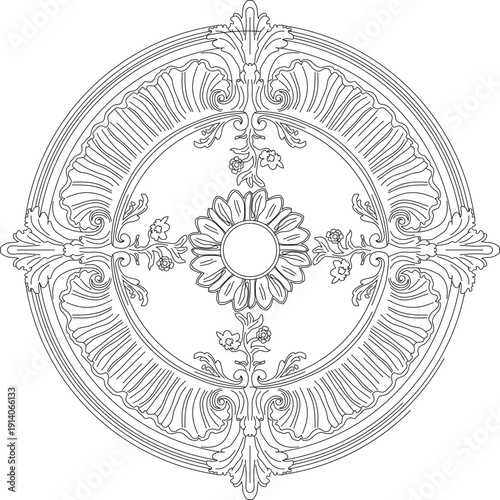 Intricate circular ceiling rose line art with a central daisy and baroque acanthus flourishes. Ideal for classical architecture and interior decor.