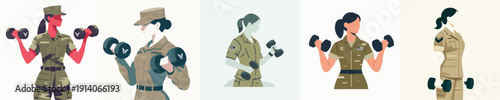 Vector Illustration of a Military Personnel Lifting Dumbbells in the Gym