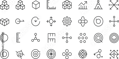 Collection of black outline geometric shapes and on white background symbols cubes