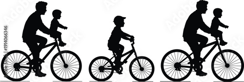 Father and Son Riding Bicycles Silhouettes on White Background illustration vector