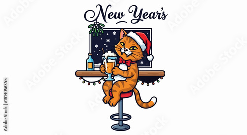 A festive cat in a Santa hat enjoys a holiday drink at a bar with snow