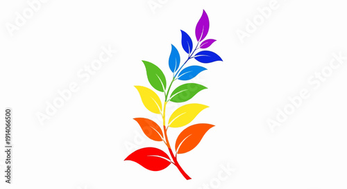 Rainbow colored branch with leaves on white background