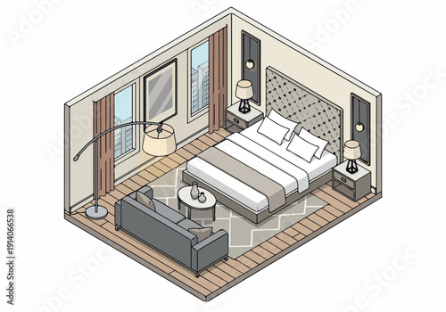 Cozy Isometric Bedroom Illustration Featuring a Comfortable Bed, Sofa, and Elegant Decor