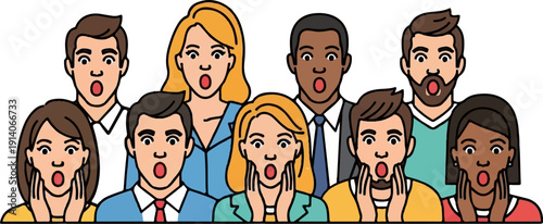 A diverse group of people with shocked expressions