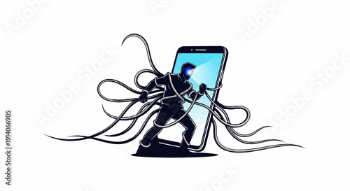 Man entangled in wires, facing a glowing digital screen