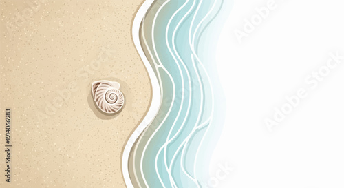 A single shell rests on textured sand beside stylized blue waves on a white background