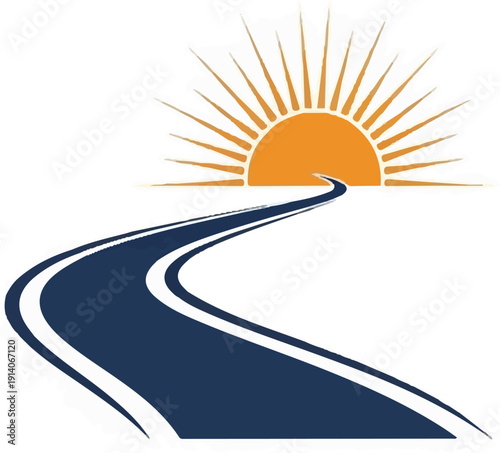 A winding road leads towards a bright, stylized sun rising on the horizon