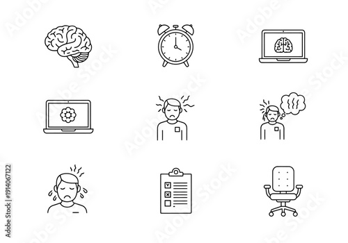 Collection of Line Art Icons Representing Health Wellness Mental Health Stress And Digital Technology Concepts For Business And Medical Applications