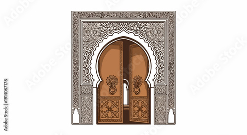 Intricate archway with ornate, open brown wooden doors, revealing a glimpse beyond