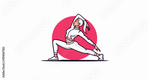 Stylized figure in white activewear performs a dynamic yoga pose