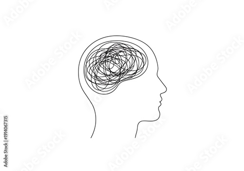 Abstract line art head silhouette with chaotic jumbled internal thinking process concept