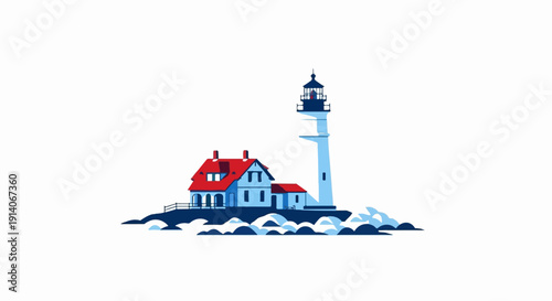 A stylized illustration of a lighthouse with attached keeper's house on a rocky shore with crashing waves