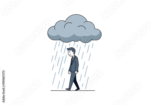 Isolated Man Walking Under Sad Storm Cloud With Rain Falling Down Showing Gloominess and Melancholy Mood on White Background Business Concept