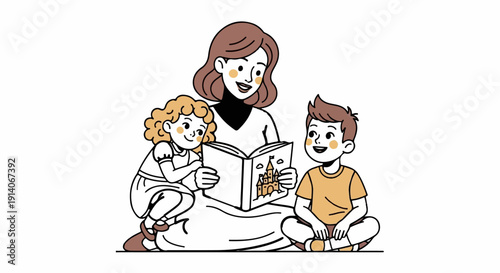 A woman reads a storybook about a castle to two smiling children