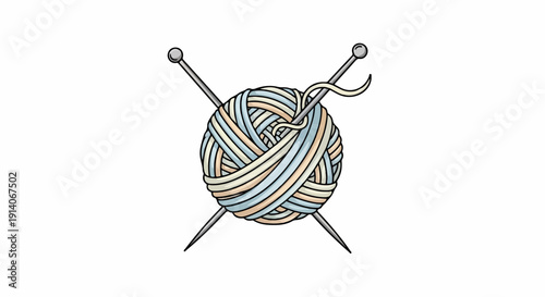 A multicolor ball of yarn with two crossed knitting needles