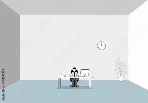 Lone Worker Sitting At A Desk In A Large Empty Office Space With Computer and Plant Clock Wall