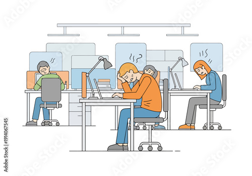 Office workers experience fatigue and stress from repetitive tasks in a modern cubicle workspace with limited natural light overhead