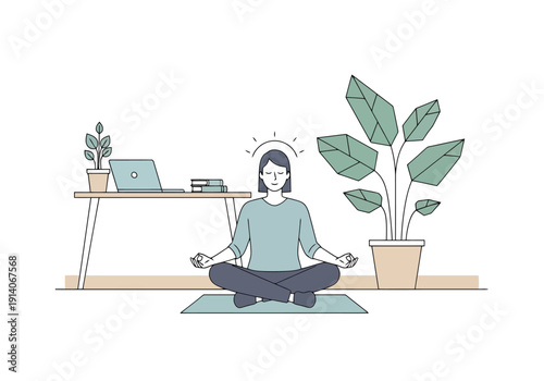 Person meditating peacefully at home desk with laptop and plants promoting wellness and calm atmosphere creating mindful balance