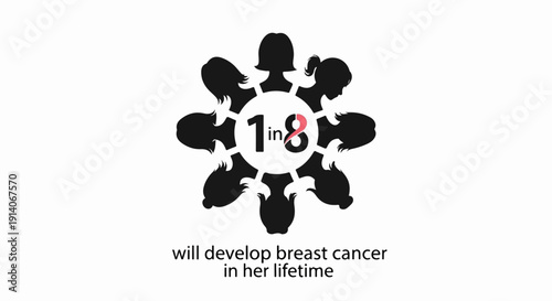 Silhouettes of women form a circle around text indicating one in eight will develop breast cancer