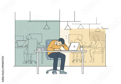 Exhausted office worker sleeping at desk with laptop while colleagues continue working in background concept of fatigue and overwork in modern