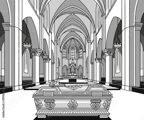 Gothic cathedral interior with vaulted ceilings, ornate pillars, and a sarcophagus