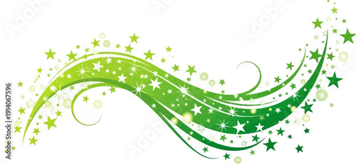 Swirling green wave adorned with numerous stars and sparkling circles