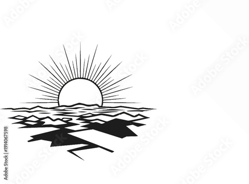 Sun rising over choppy water with jagged lines and rays