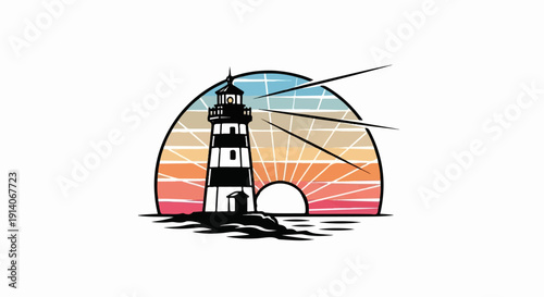 A graphic of a lighthouse on rocks with a sunset behind it