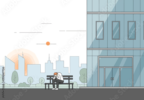Sad Businessman Sitting Alone On Park Bench Outside Modern Office Building During Sunrise Over Cityscape Background