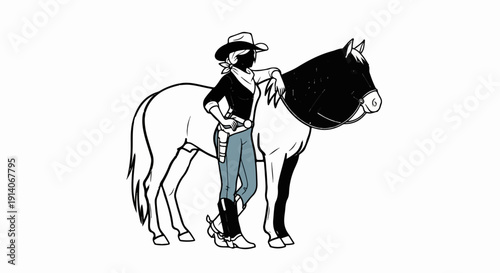 A cartoon woman in cowboy attire poses with a horse