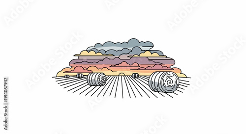 Stylized sunset over a field with rolling hay bales and dramatic clouds