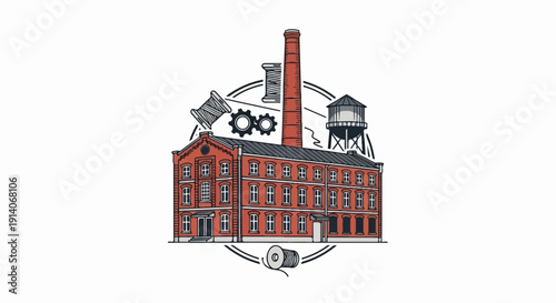 Red brick factory with tall smokestack, water tower, gears, and thread spools