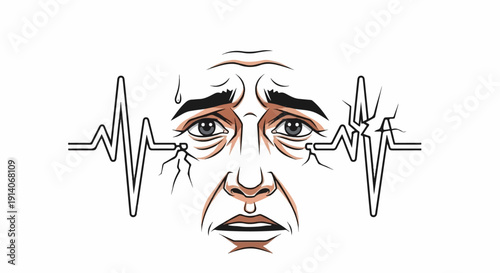 Stressed face with fragmented electrocardiogram lines intersecting its features