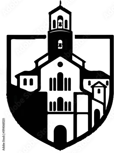 Stylized monochrome emblem depicting a bell tower, church building, and smaller structures within a shield outline