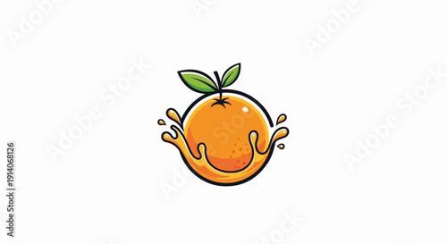 A cartoon orange with leaves and splashing juice around it