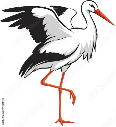 A white bird with black wing tips, a long orange beak, and orange legs stands on one leg