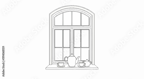 A sketch of an arched window with a teapot, two cups, and a sugar bowl on the sill