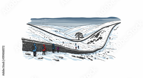 Hikers traverse a snow-covered landscape with a stone wall and a lone tree