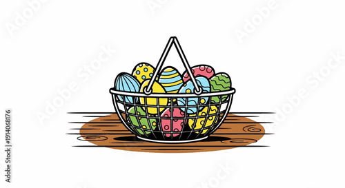 A wire basket overflows with vibrantly colored, patterned Easter eggs on a wooden surface
