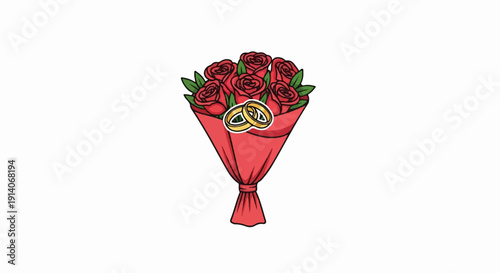 A bouquet of red roses, wrapped in red paper, adorned with two gold wedding rings