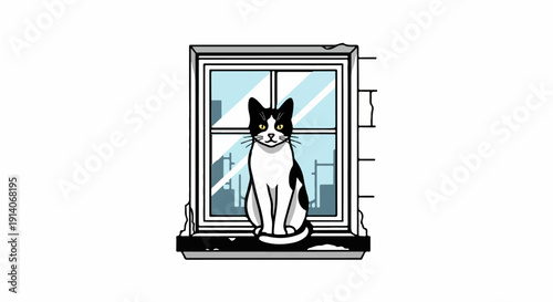 Black and white cat sitting on windowsill with city view