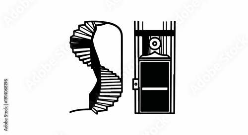 Stylized illustration of a spiral staircase and a traditional elevator