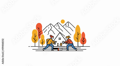 Autumn mountain scene with two people playing cards near a house