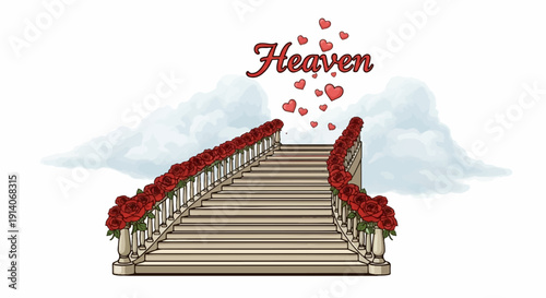 A grand staircase adorned with red roses ascends towards a cloudy sky with hearts
