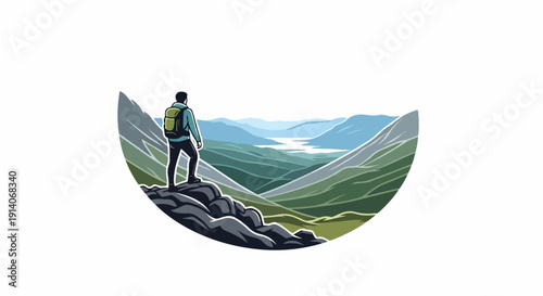Hiker admires vast mountain valley with distant lake and layered peaks